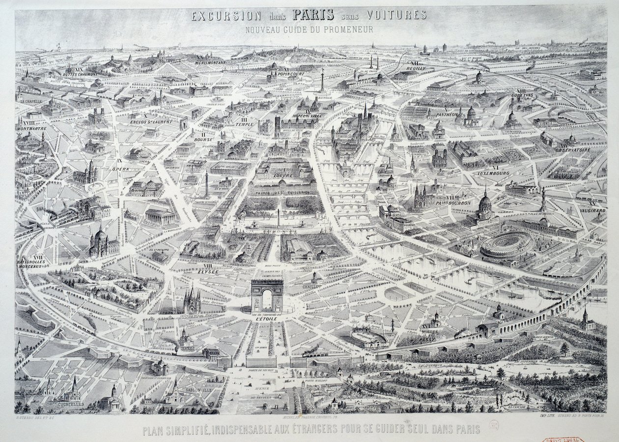 Forenklet plan for Paris uundværlig for fremmede at guide sig selv i byen. Tallerken taget fra "Ny guide for vandreren, udflugt til Paris uden bil"" Paris fra det 20. århundrede, Musee Carnavalet af French School