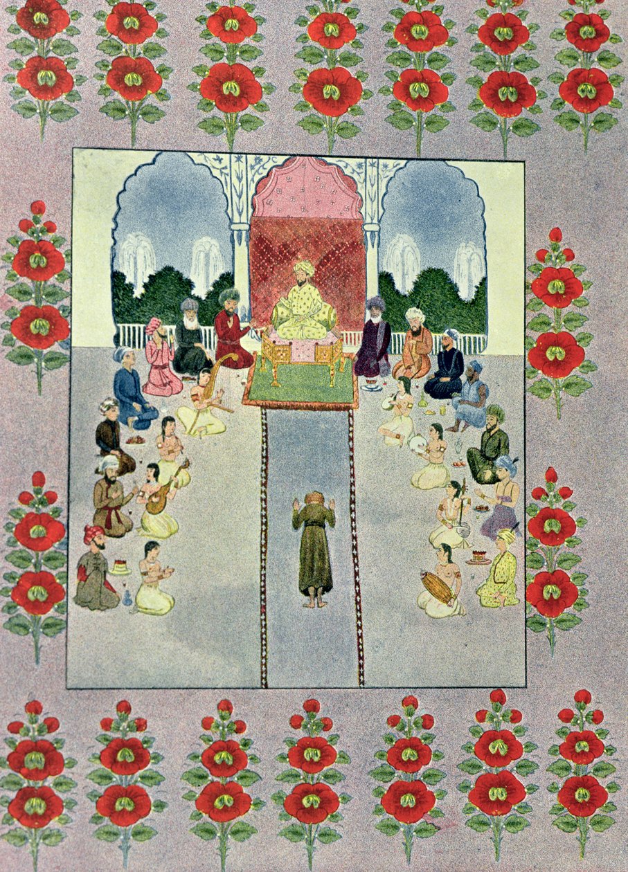 Sømanden Sinbad modtager Portneren Sinbad, illustration til Sømanden Sinbad, fra The Arabian Nights, 1895 (farvegravering) af French School