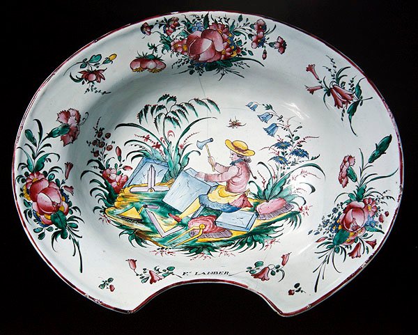 Oprigtig tallerken med stenhuggerdekoration, ca. 1780 (polykromeret fajance) af French School