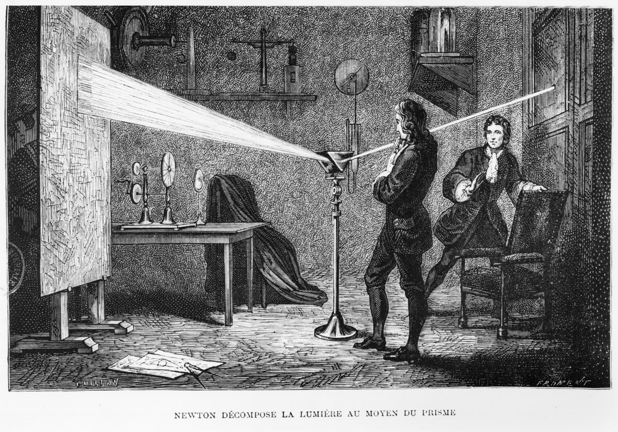 Sir Isaac Newton (1642-1727) bryder lyset op gennem et prisme, illustration fra La Vie des Savants Illustres af Louis Figuier, 1868 af French School