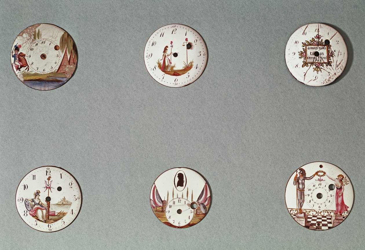 Seks lommeure dekoreret med revolutionære symboler (metal og emalje) af French School