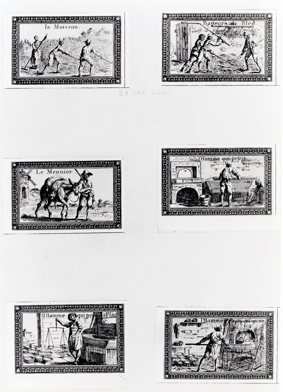 Seks vignetter, der viser brødfremstilling (gravering) (bw-foto) af French School
