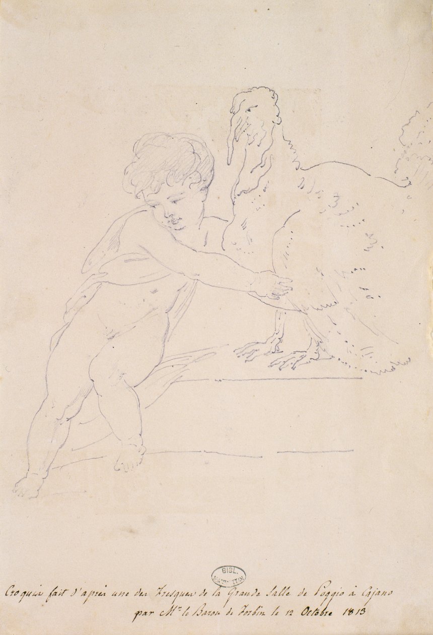 Skitse fra den store sal i Poggio a Caiano, 12. oktober 1813 af French School