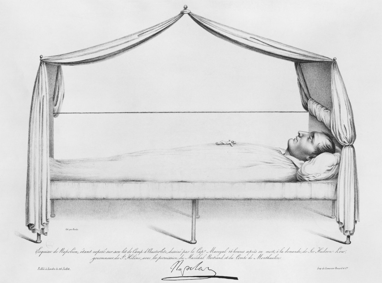Skitse af Napoleon I (1769-1821) på hans dødsleje tegnet i St. Helena af Capitaine Marryal, indgraveret af Bordes, 5. maj 1821 af French School