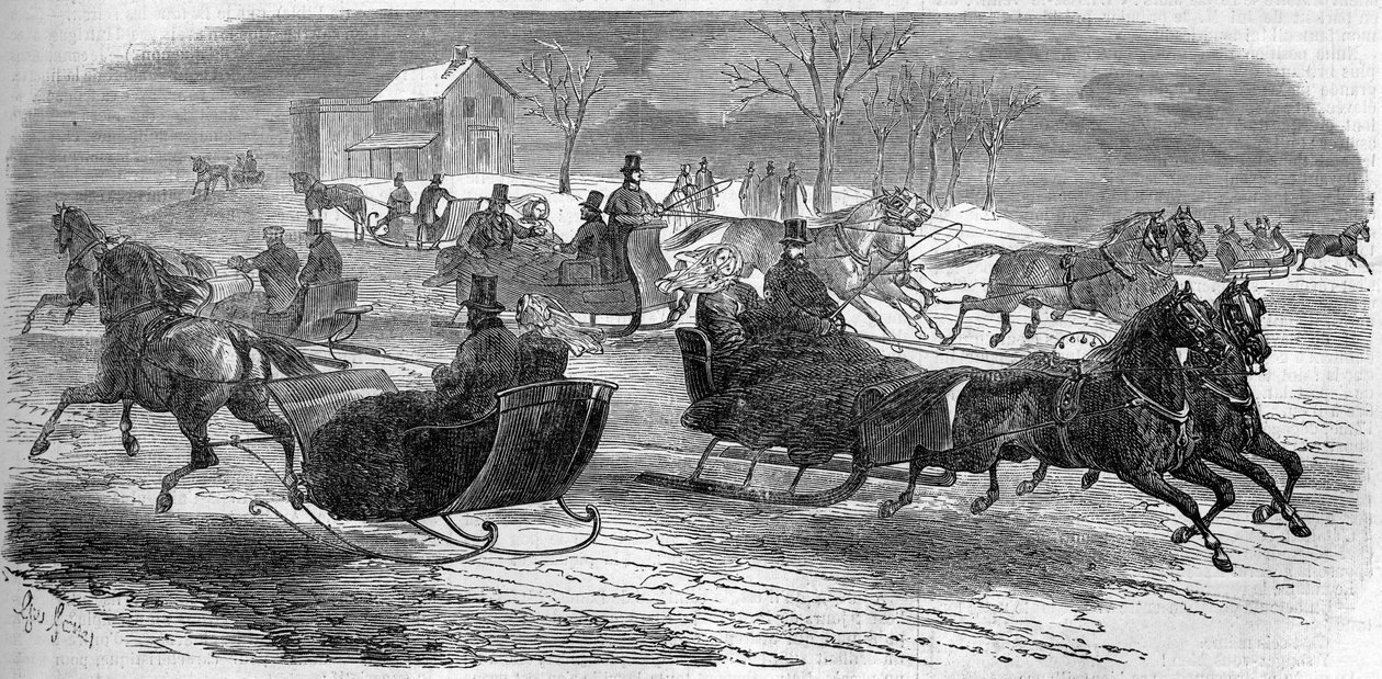Slæde i New York (New York), USA (USA), vinter 1858. Indgravering i "" Le Monde Illustré"" nr. 47 af 6. marts 1858. af French School