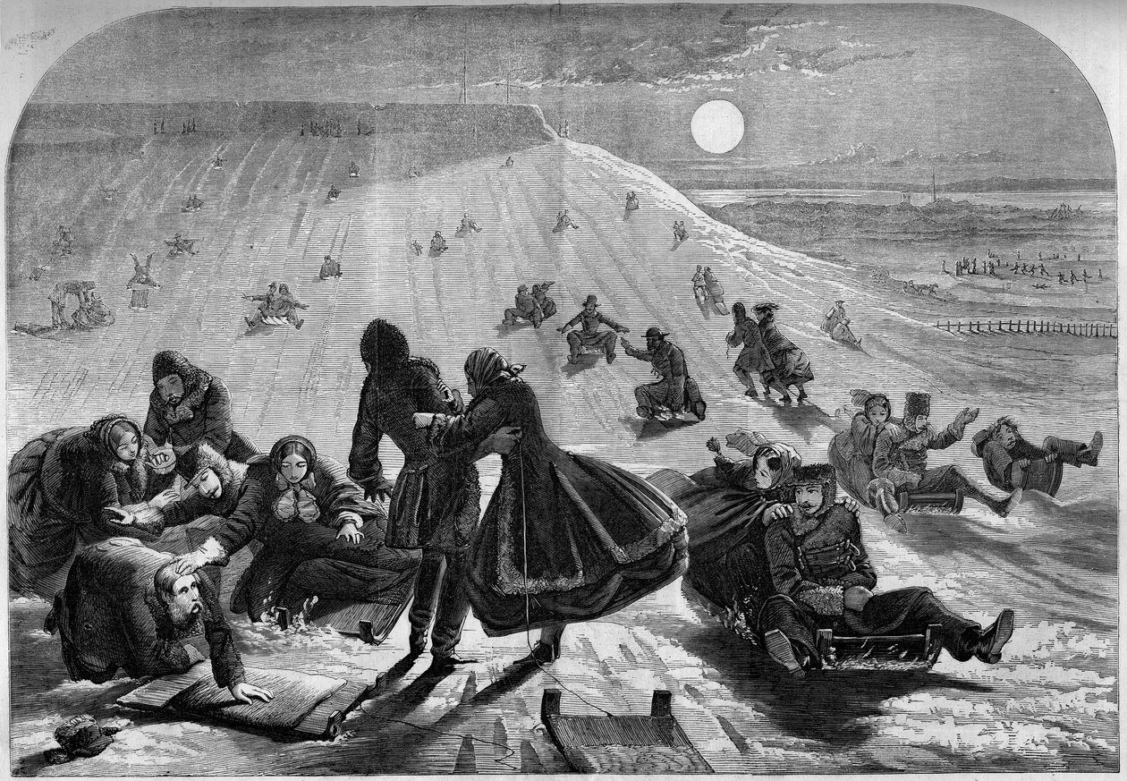Slæde ned i Montreal, Canada, vinteren 1859. Indgravering i "" Le Monde Illustré"" nr. 98 af 26. februar 1859. af French School