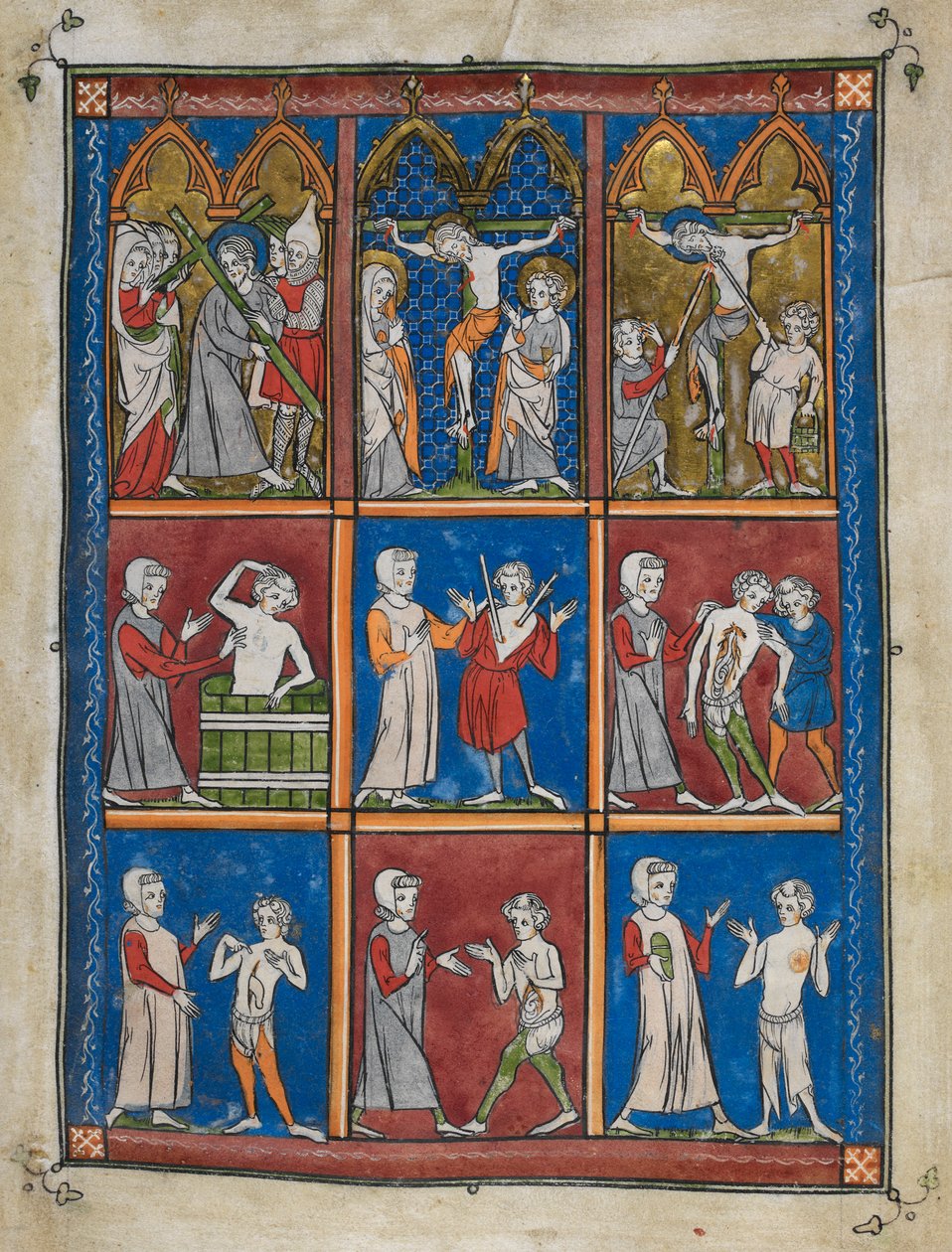 Sloane 1977, f.7 The Chirurgia: Ni miniaturer, der viser bibelske og medicinske scener. Ovenfor, Kristus, der bærer korset; Mary og St. John på Golgata; Kristus givet eddike og gennemboret med lansen. Center og under, læger behandler patienter for forskell af French School