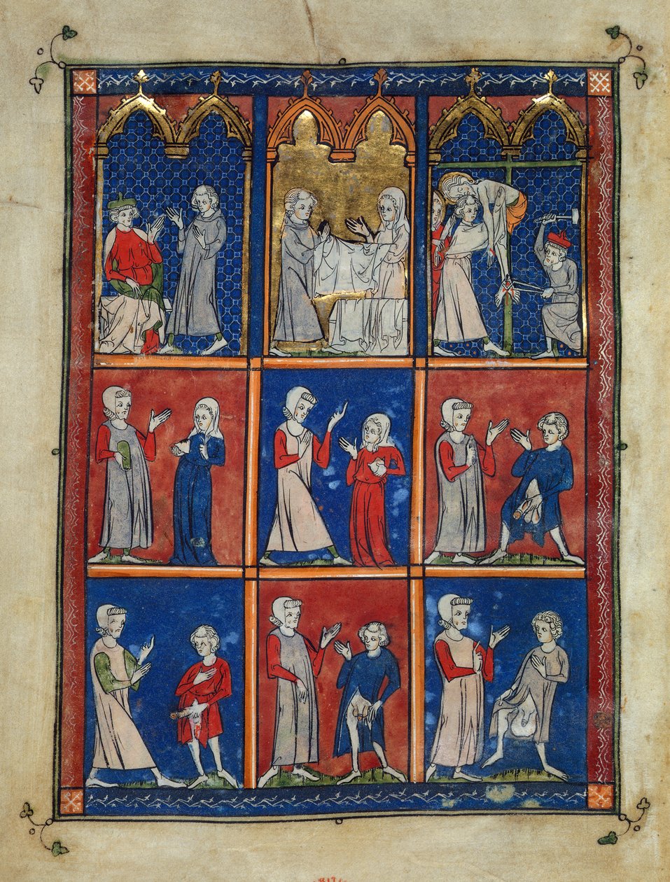 Sloane 1977,f.7v The Chirurgia: Joseph of Arimethea beder om Kristi legeme, Joseph og en kvinde med begravelseslinned, og aflejringen, og derunder, to kvinder, der præsenterer et sygt bryst for en læge, og fire mænd med forskellige kønssygdomme. af French School