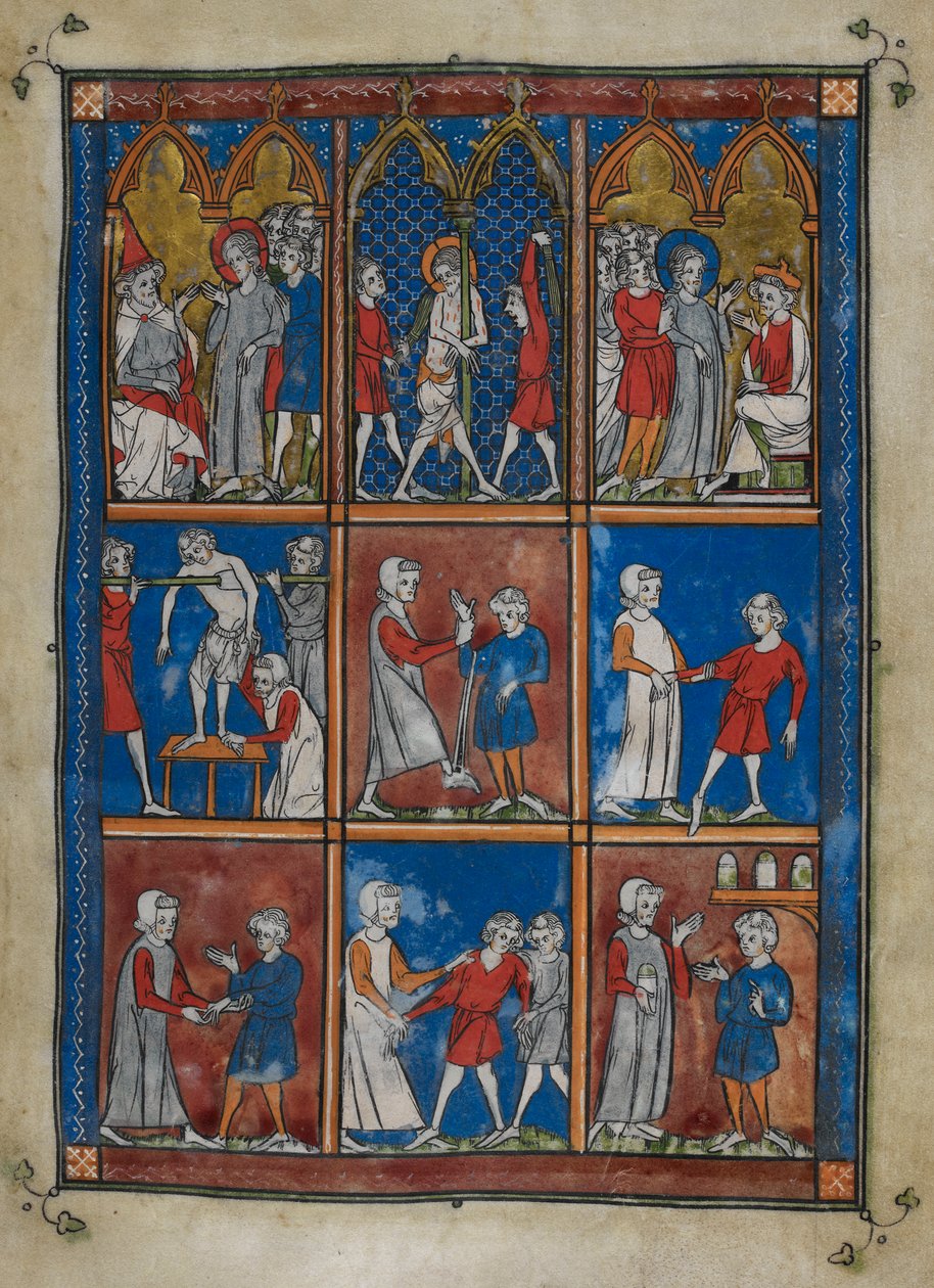 Sloane MS 1977 fol.6r Ni miniaturer, der viser bibelske og medicinske scener. Ovenfor Kristus før Kajfas og Pilatus; flagelleringen. Center og under, læger, der behandler patienter for brækkede knogler og andre lidelser af French School