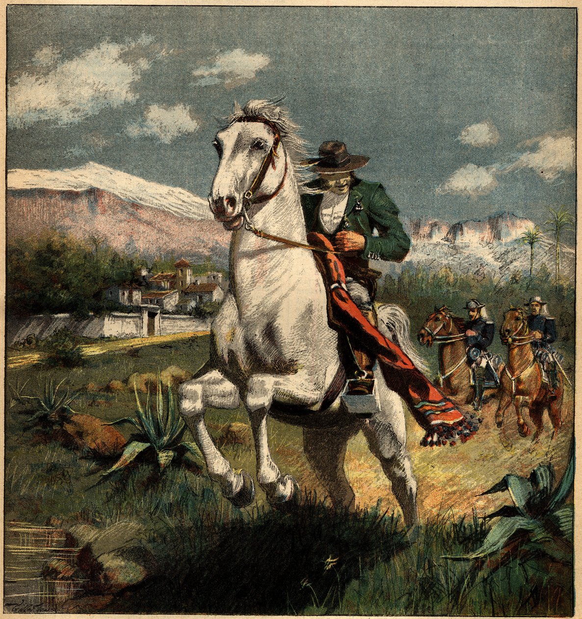 Smugler i Pyrenæerne forfulgt af kongens carabinieri. Indgravering i "" La Terre Illustree"" nr. 75 af 7. april 1892. af French School