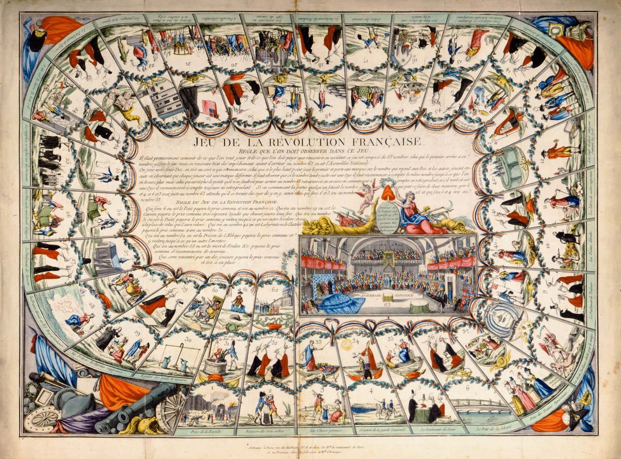 Snakes and ladders board baseret på den franske revolution, 1791 af French School