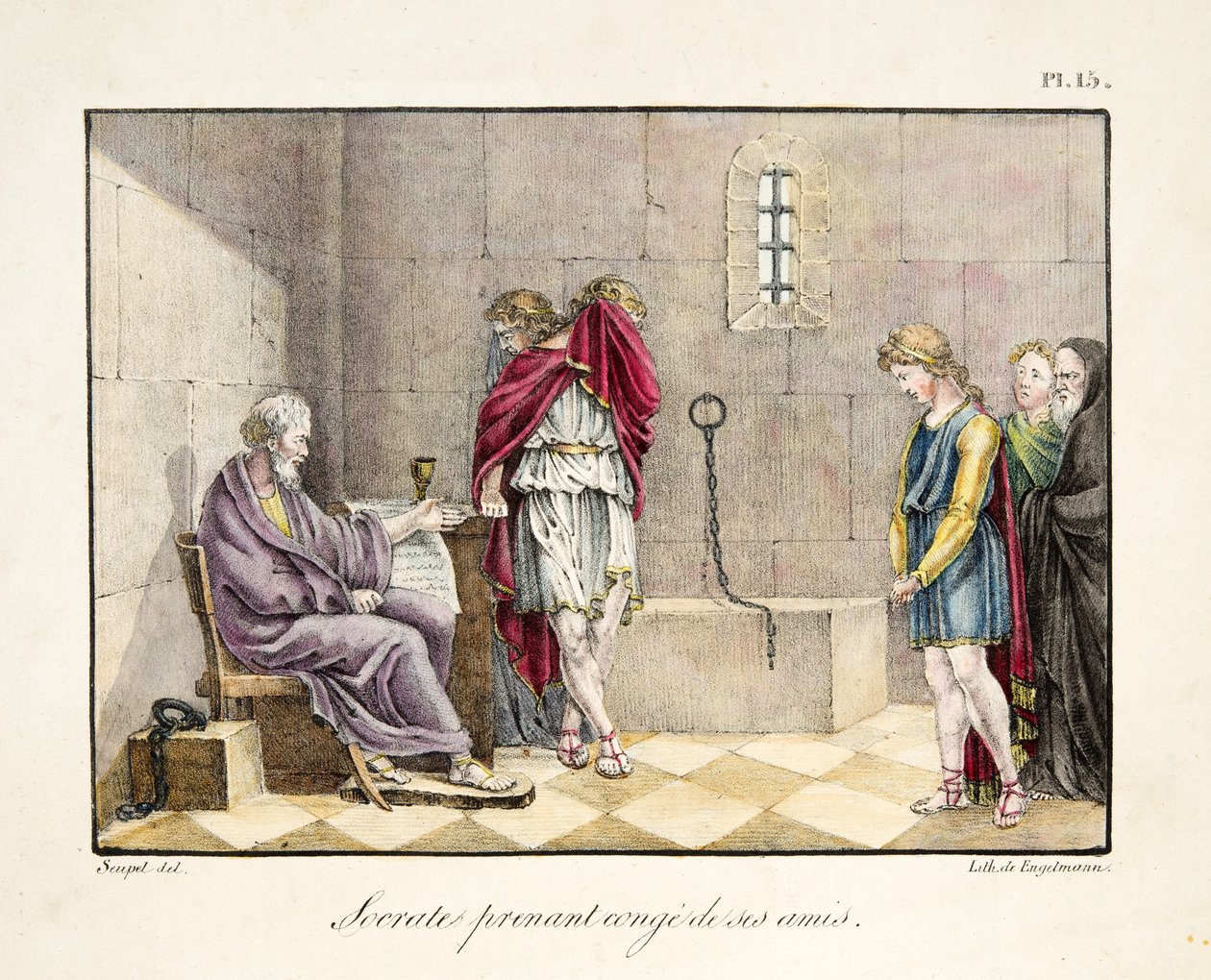 Sokrates tager afsked med sine venner, pub. af Engelmann, ca. 1835 (håndfarvet gravering)) af French School