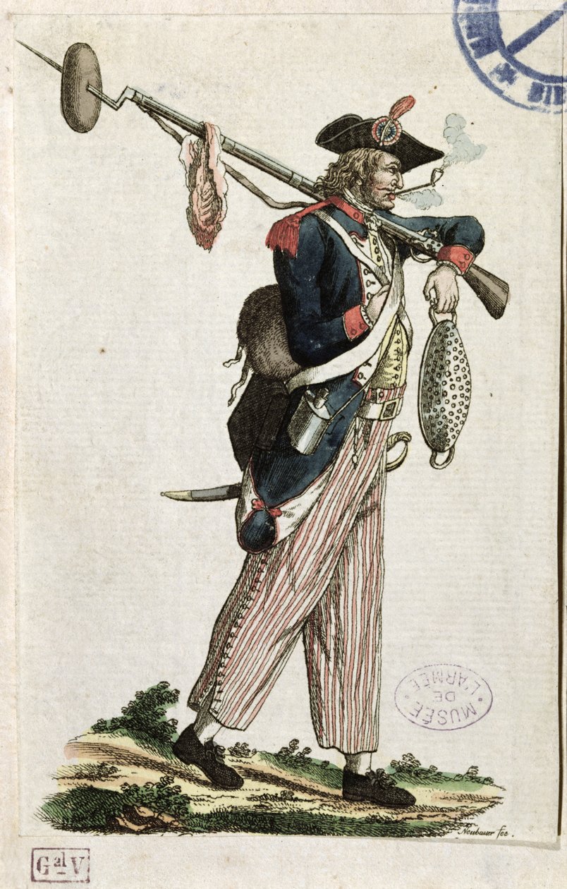 Soldat fra den franske revolution med en bajonet, hvortil der er fastgjort et brød og et stykke kød: LAn 11 1794 af French School