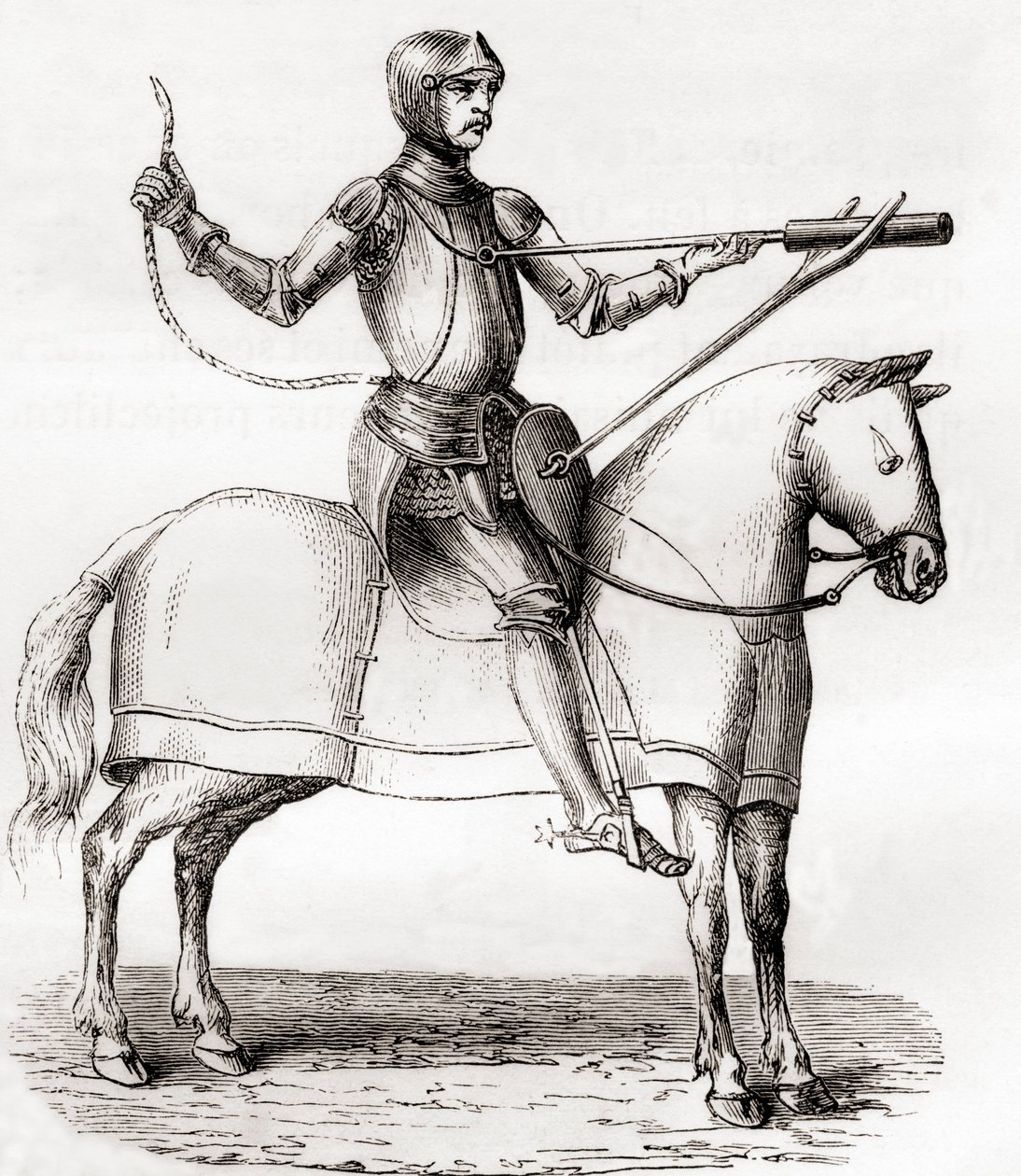 Soldat til hest ved hjælp af et håndholdt bombardement, slutningen af det 14. og begyndelsen af det 15. århundrede, efter en tegning fra manuskriptet af Marianus Jacobus, fra Les Merveilles de la Science, udgivet ca. 1870 (gravering) af French School