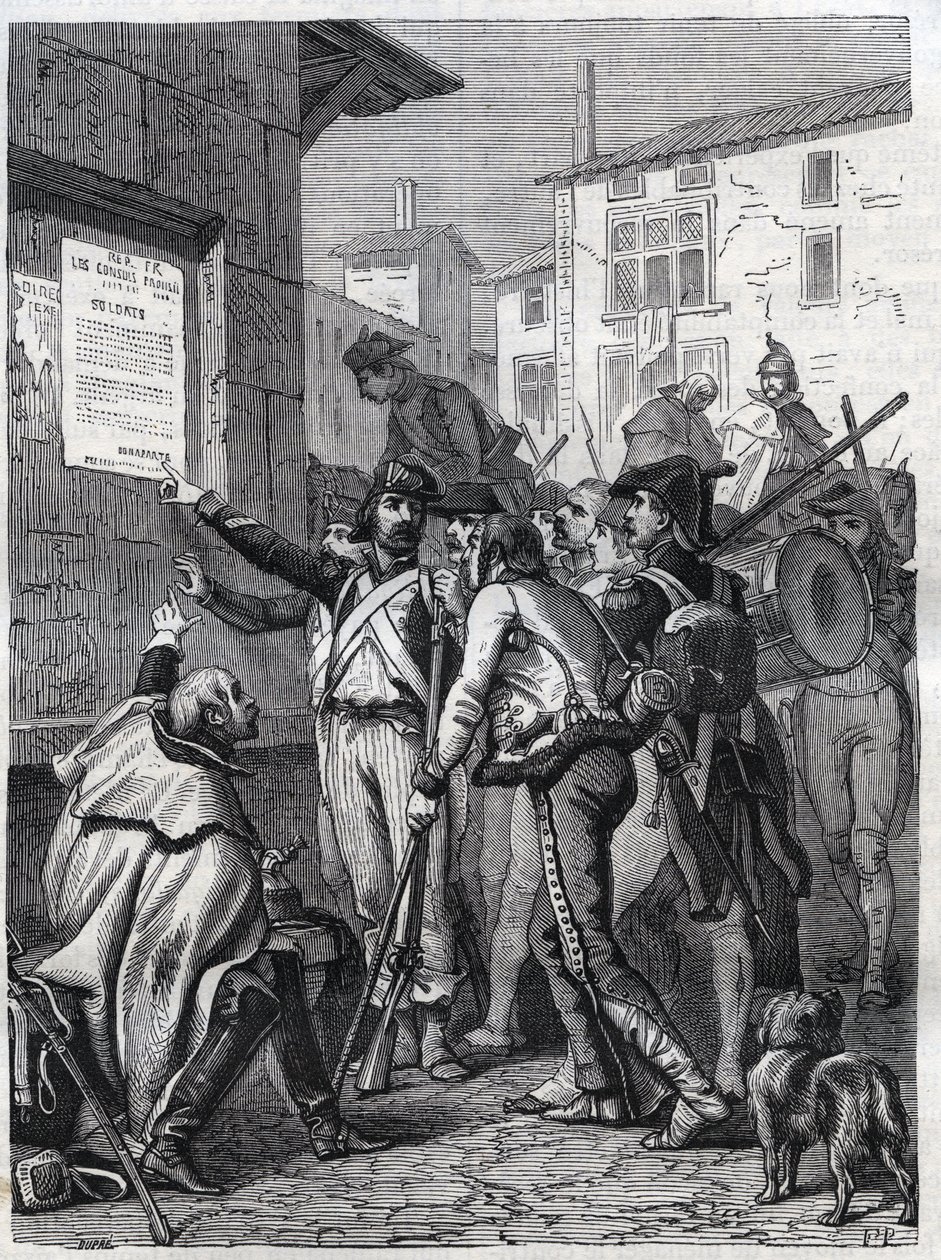 Soldater, dine behov er store: Franske soldater læser general Bonapartes proklamation i november 1799 - Indgravering af 1865 i "Histoire du Consulate et de l