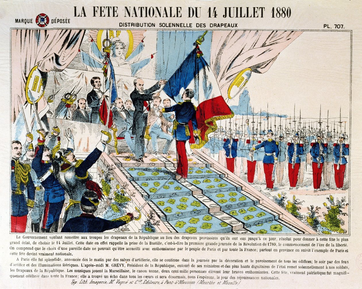 Højtidelig uddeling af flag i Longchamp af præsident Jules Grevy (1807-91), 14. juli 1880, 1880 af French School