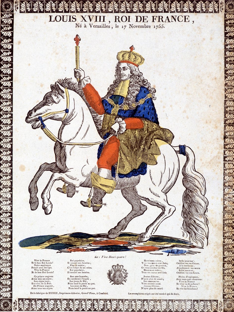 Sang til ære for kongen af Frankrig Ludvig XVIII, illustreret med et rytterportræt af kongen (gravering) af French School