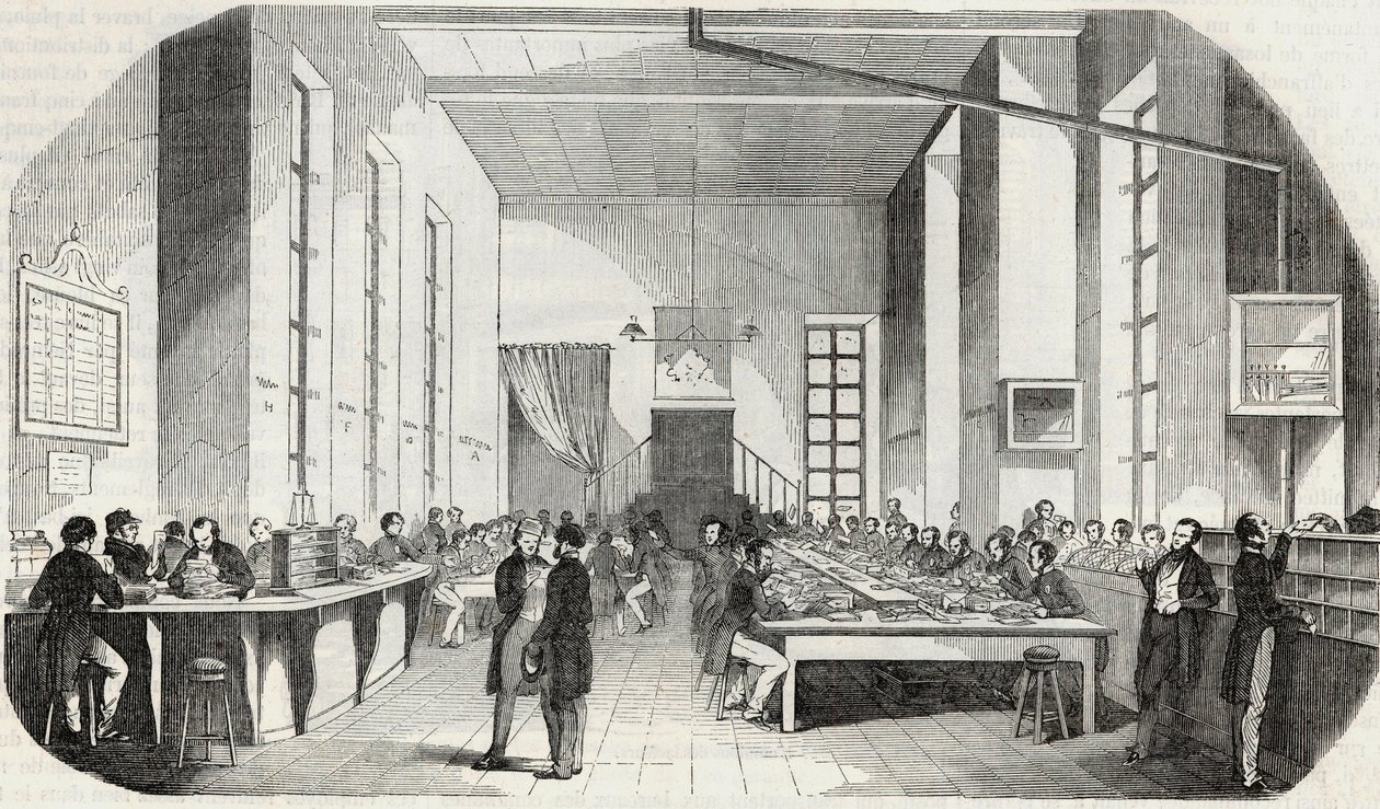 Sortering af breve fra Paris - Indgravering i "" Tableau-de-Paris"" af Edmond Texier 1852 af French School