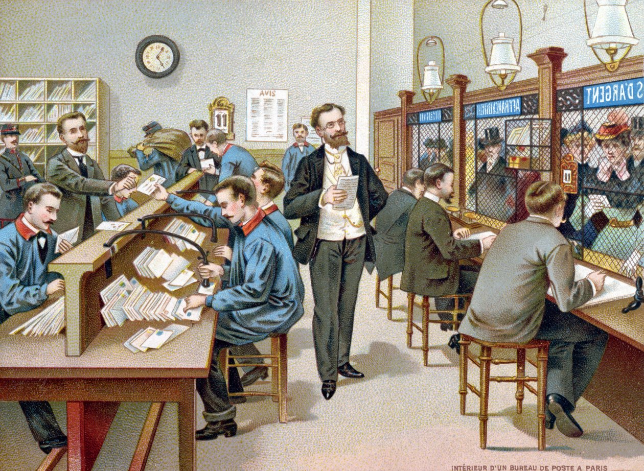 Sortering af posten i et parisisk postkontor, illustration fra en postkontorkalender, 1904 af French School