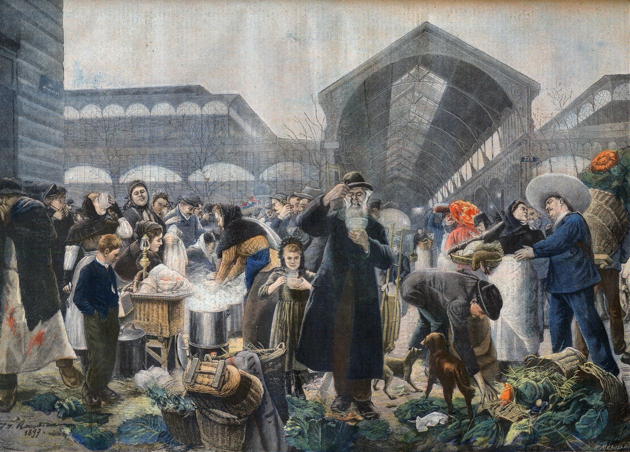 Suppestand på Les Halles-markedet om morgenen, illustration fra 