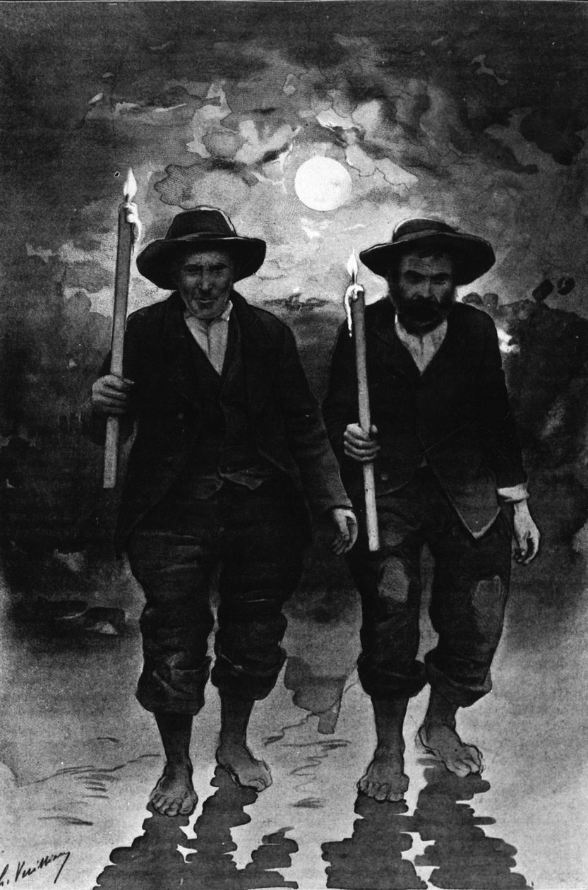 Kilde og syge: to mænd, en nat fuldmåne, som hver holder et lys og går barfodet (optog?) - i "Journal des voyages" af French School