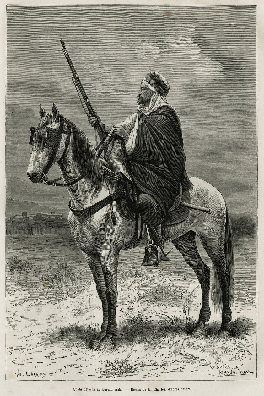 Spahi, effektiv rytter og frygt, der bidrager til erobringen af Algeriet, i Frankrigs tjeneste, løsriver sig på det arabiske kontor og graverer efter en tegning af H. Charles for at illustrere historien om Tebessa og dets monumenter (Algeriet), af A. Heron af French School