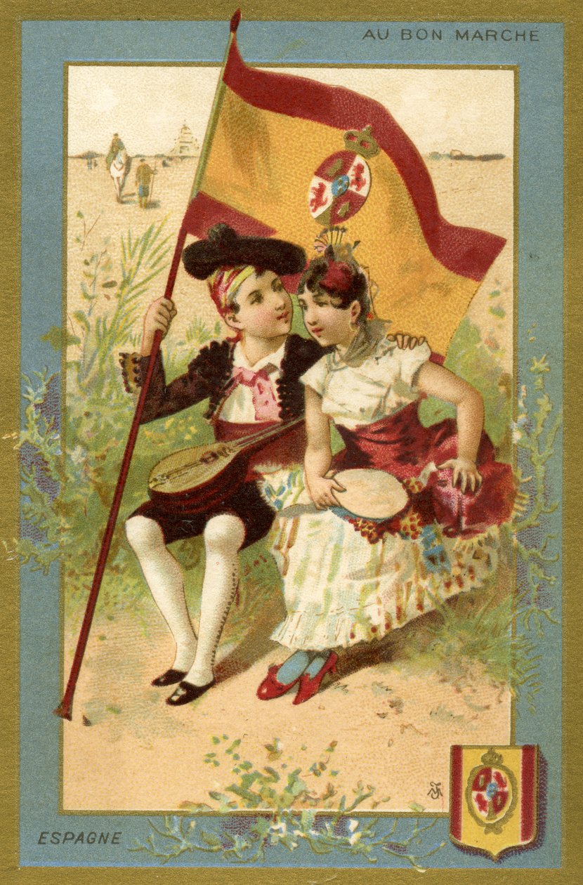 Spansk dreng og pige, fra en række illustrationer af børn fra forskellige lande, produceret som salgsfremmende kort til Bon Marché-varehuset i Paris, ca. 1890 af French School