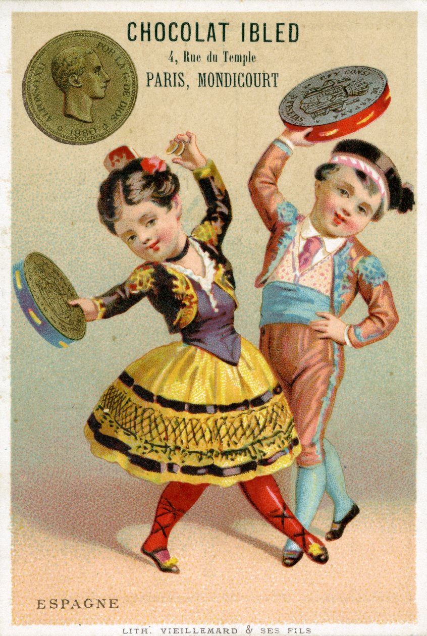 Spanske børn, der danser med tamburiner lavet af pesetas, fra en række salgsfremmende kort på valutaer i forskellige lande, udgivet i Paris af Vieillemard til brug af Chocolat Ibled, 1886-95 af French School