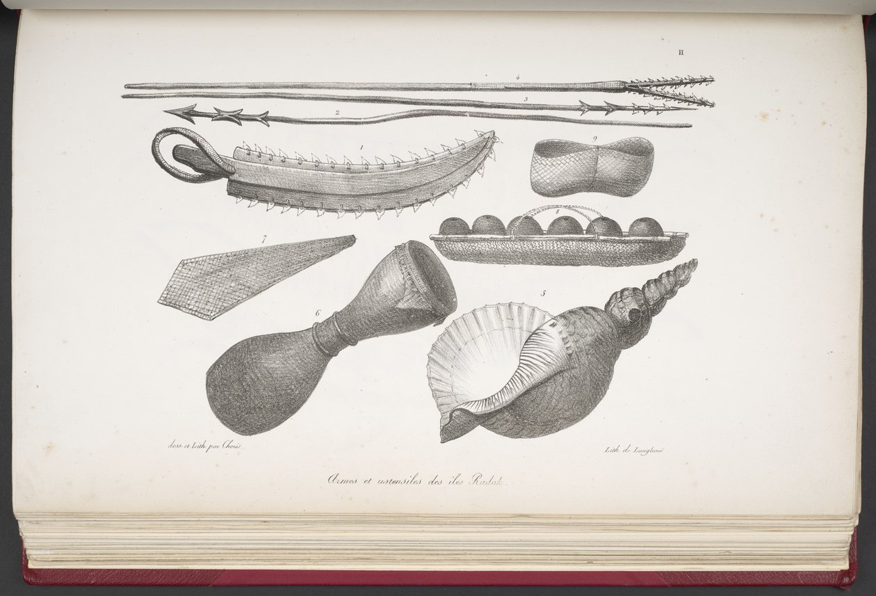 Spyd og redskaber fra øen Radak, fra malerisk rejse jorden rundt, med portrætter af vilde fra Amerika, Asien, Afrika og øerne i Det Store Ocean; landskaber, havudsigt og flere naturhistoriske genstande; ac af French School