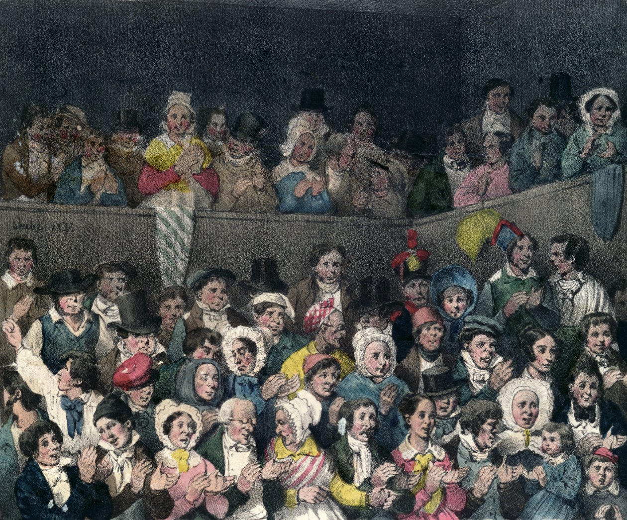 Tilskuere applauderer på teatret, graveret af Benard og Frey, 1837 af French School