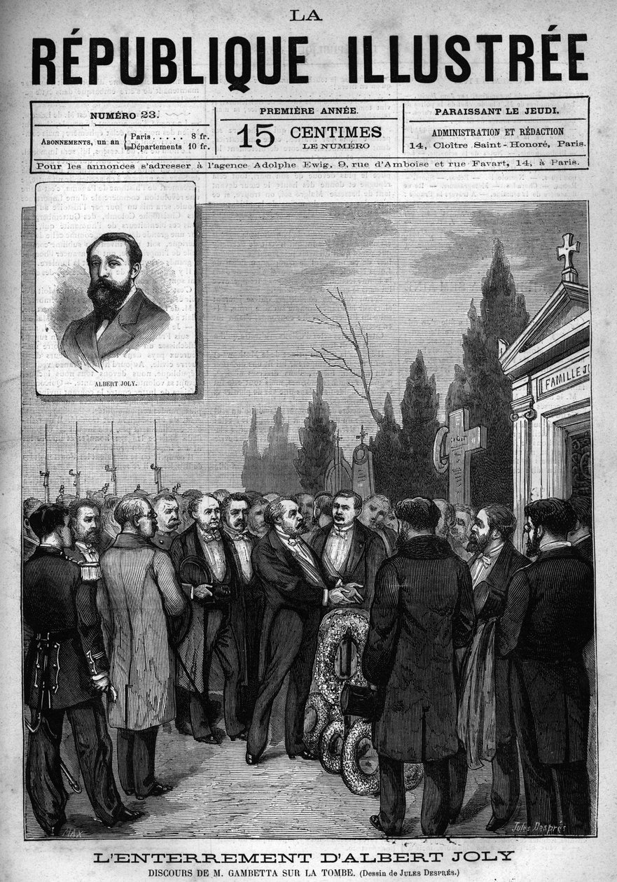 Tale af Leon Gambetta (1838-1882) ved begravelsen af deputeret Albert Joly (1844-1880) på kirkegården i Versailles. En avis. Indgravering fra 1880 i "La republique illustree"" privatsamling. af French School