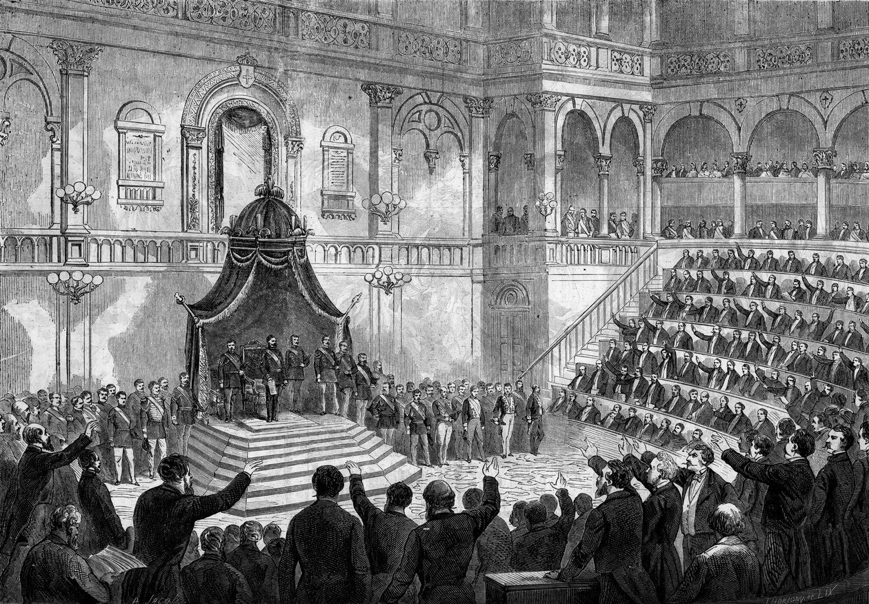 Tale af kongen af Italien Victor Emmanuel II (Vittorio Emanuele) (Victor-Emmanuel) (1820-1878) ved åbningen af de italienske staters session i Torinos parlament af French School