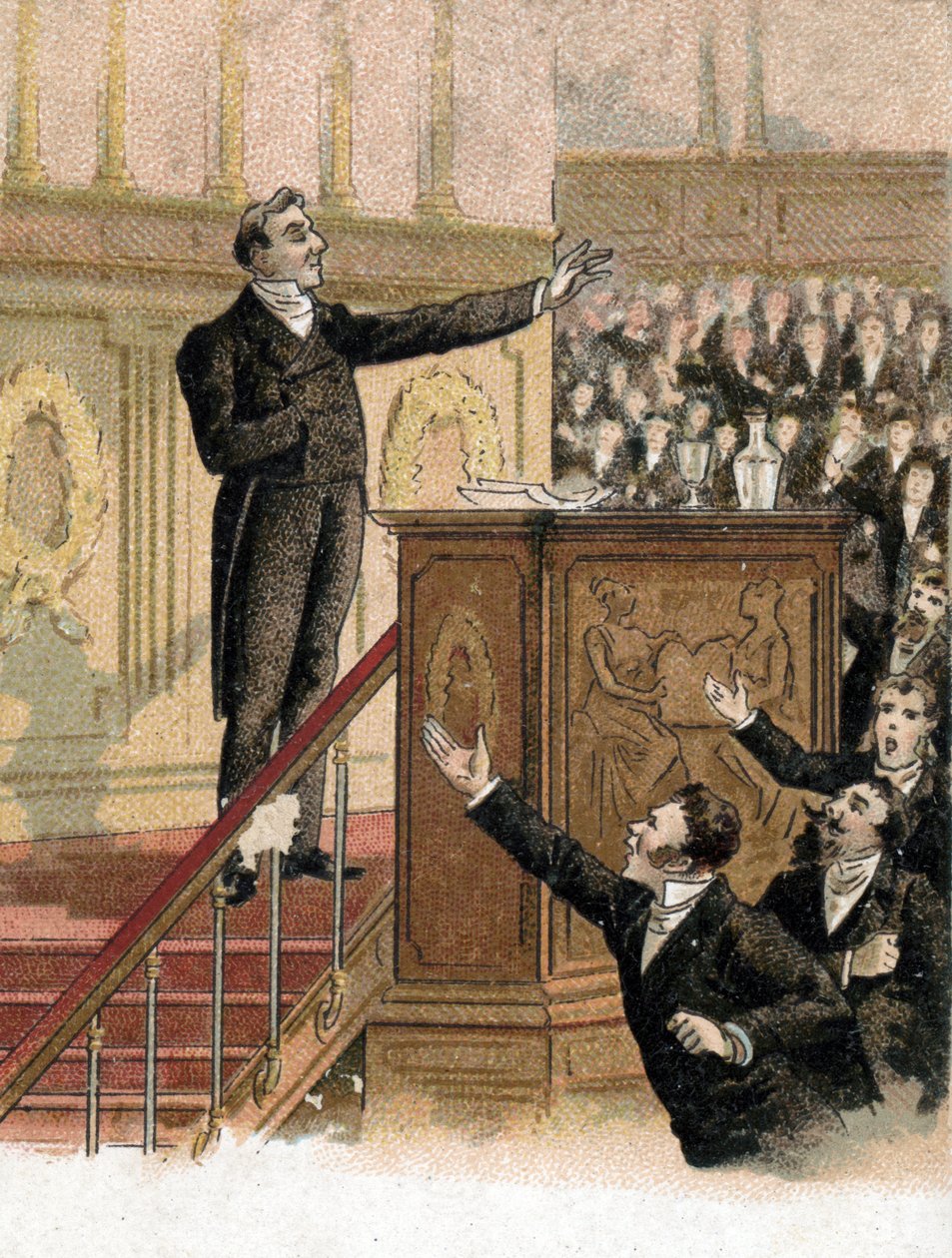 Tale af udenrigsminister Francois Guizot (1787-1874) til deputerethuset over for oppositionen, der fordømmer hans udenrigspolitik "Vi kan mangedoble fornærmelser og bagtalelser, vi kan stable dem op så meget vi vil, vi vil aldrig rejse dem op til t af French School
