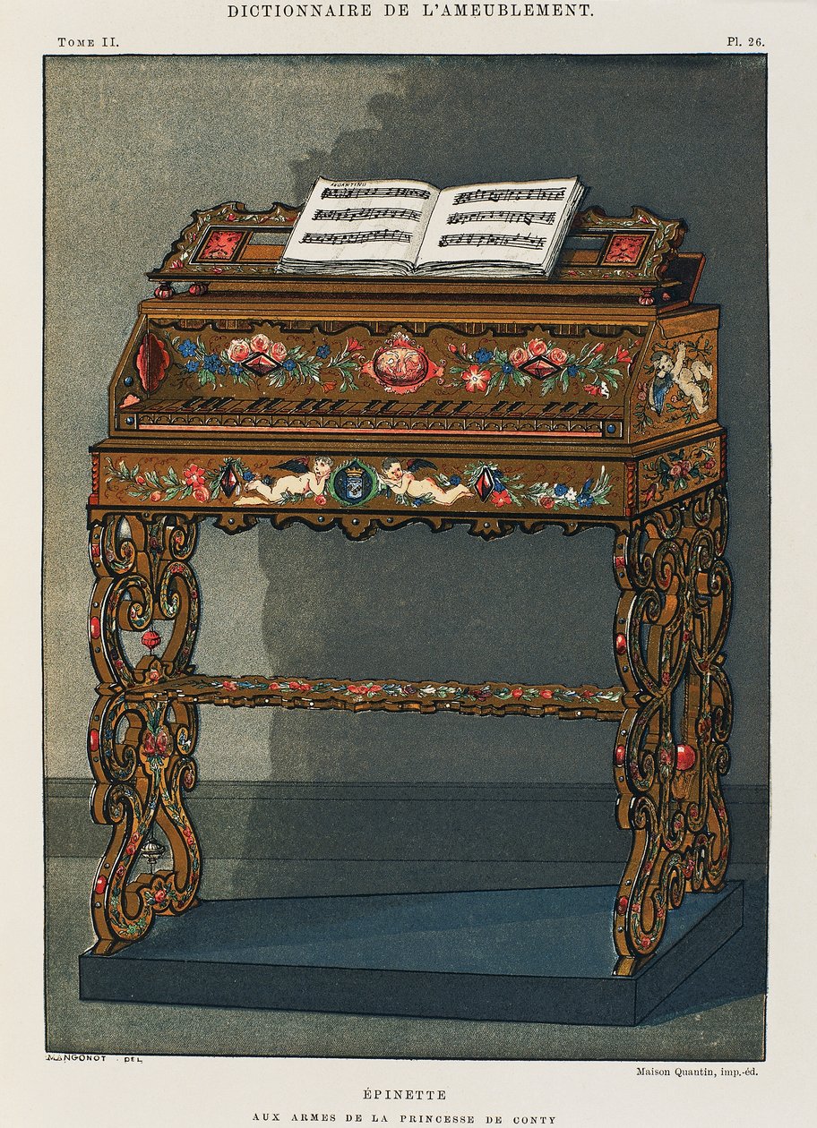 Spinet med prinsessen af Contis våbenskjold, illustration fra Dictionary of Furniture and Decoration, af Henry Havard, bind I af French School