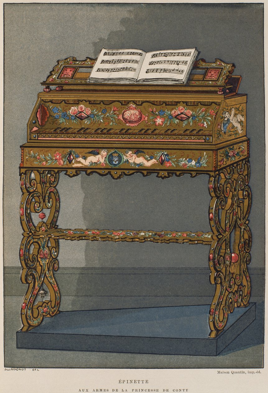 Spinet med prinsesse af Contis våbenskjold, illustration fra Dictionnaire de lameublement et de la dekoration af Henry Havard, bind 2, tallerken 26, Paris, Maison Quantin, 1878 (farve litho af French School
