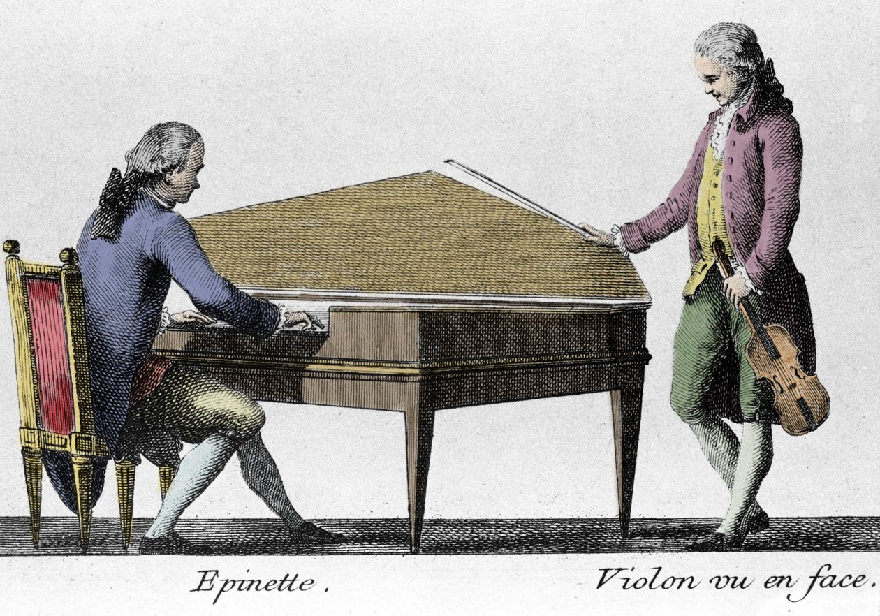 Spinette og violinspiller. Stik fra slutningen af 1700-tallet. af French School