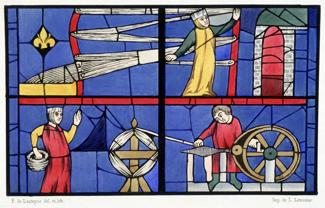 Spinning værksted. Faksimile af glasmosaikvinduerne i katedralen i Amiens - i "Glasmaleriets historie"" af Ferdinand de Lasteyrie af French School