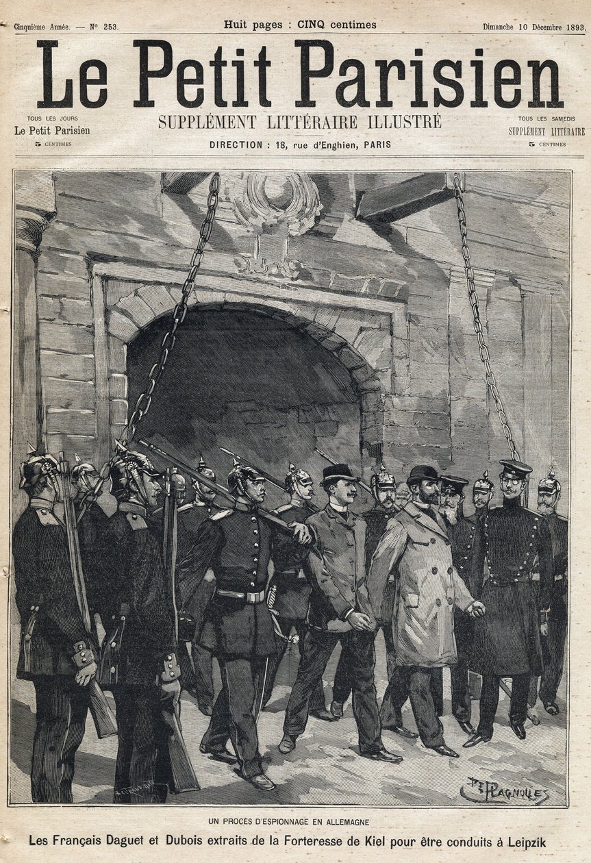 Spionproces i Tyskland: den franske Daguet og Dubois taget fra Kiel fæstning til Leipzig. En af avisen "Le petit Parisien"" den 10/12/1893 (gravering) af French School