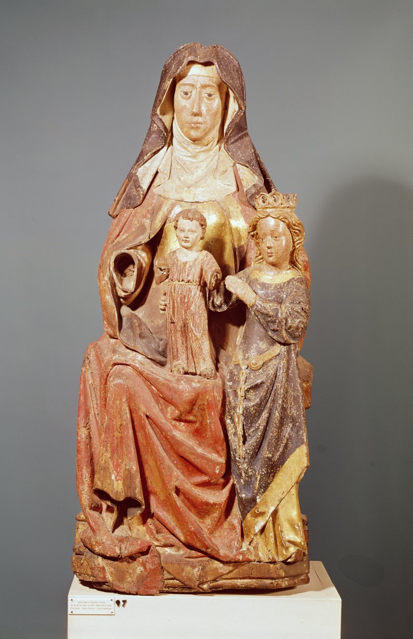 St. Anne, Jomfruen og Barnet, 15.-16. århundrede (polykromt træ) af French School