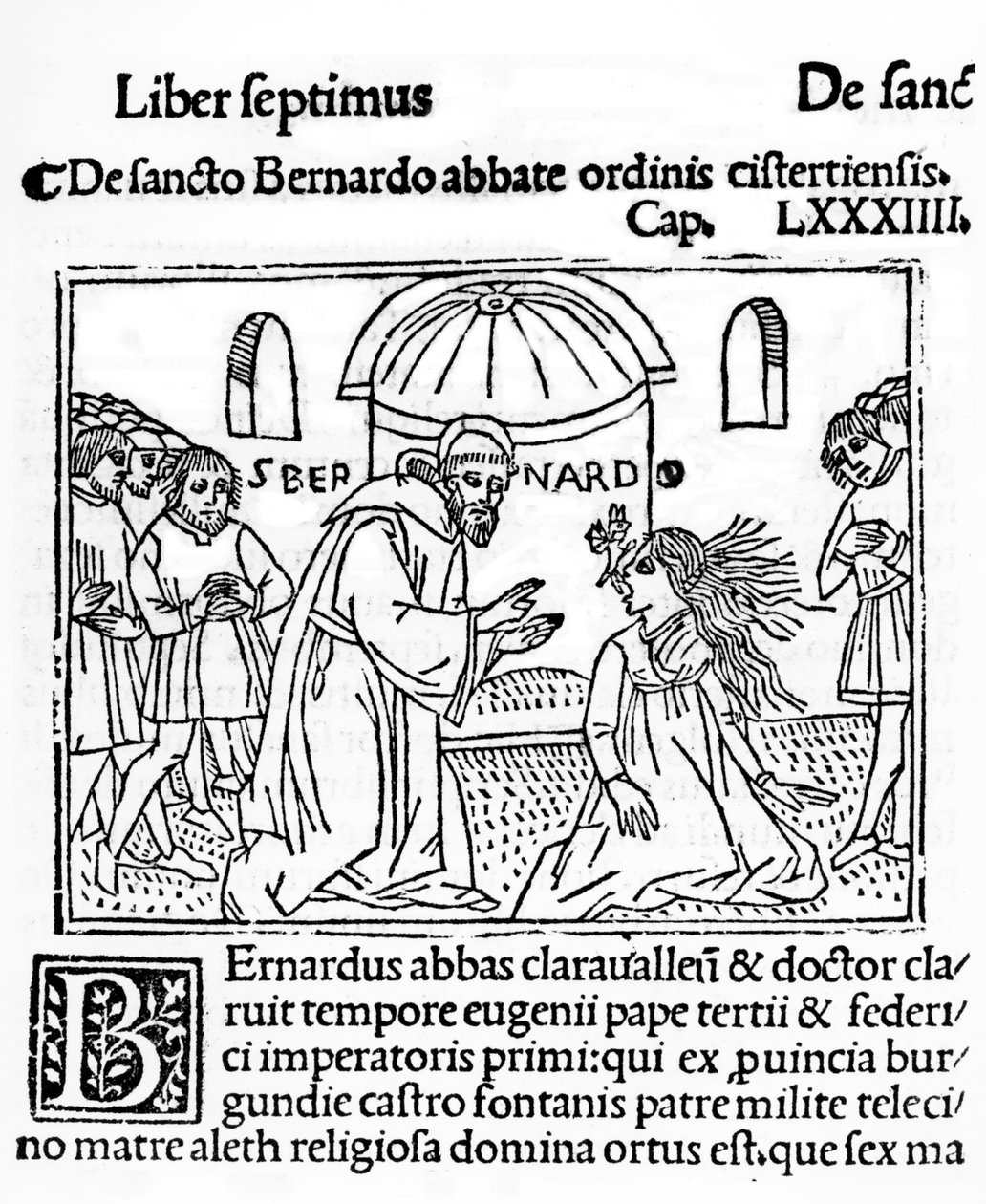 Sankt Bernhard af Clairvaux eksorcierer en besat kvinde, illustration fra La Vie des Saints udgivet 1506 af French School