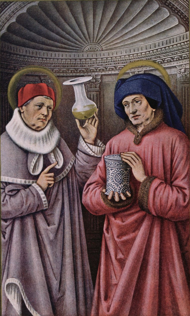 St. Cosmas og St. Damian, skytshelgener for læger og apoteker, kopi fra en timebog af Anne af Bretagne af French School