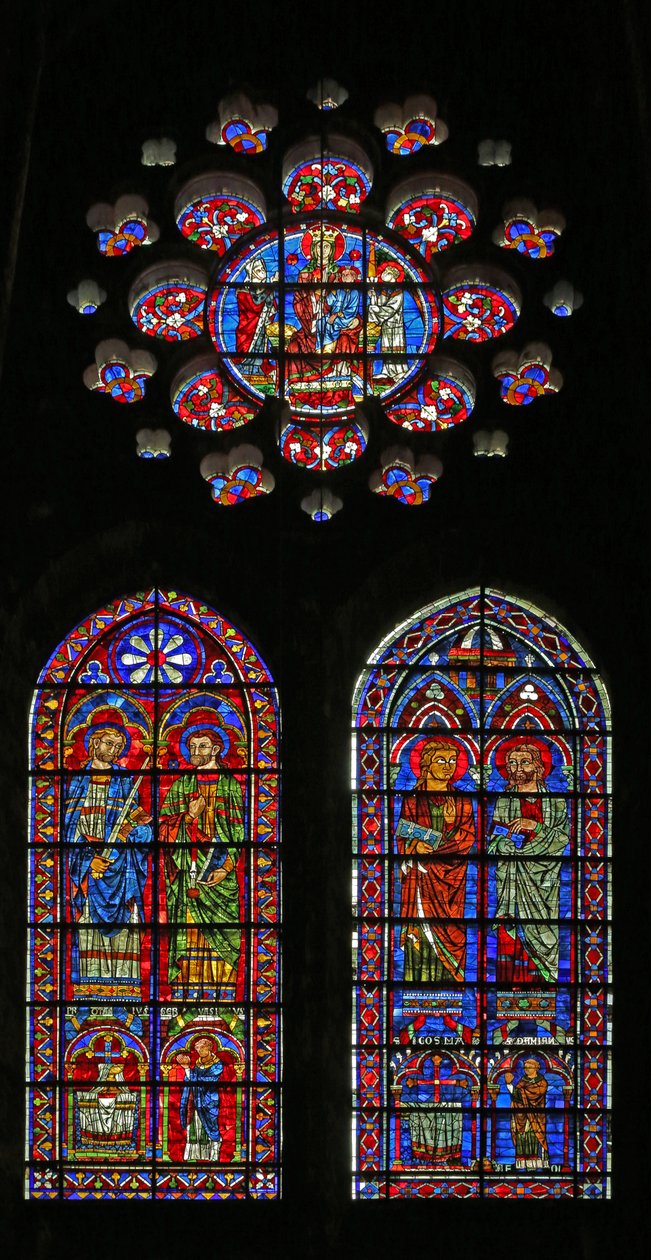 St. Cosmos, St. Damien, St. Gervais og Proteus; donorpræster; jomfruen og barnet ovenfor (w120) af French School