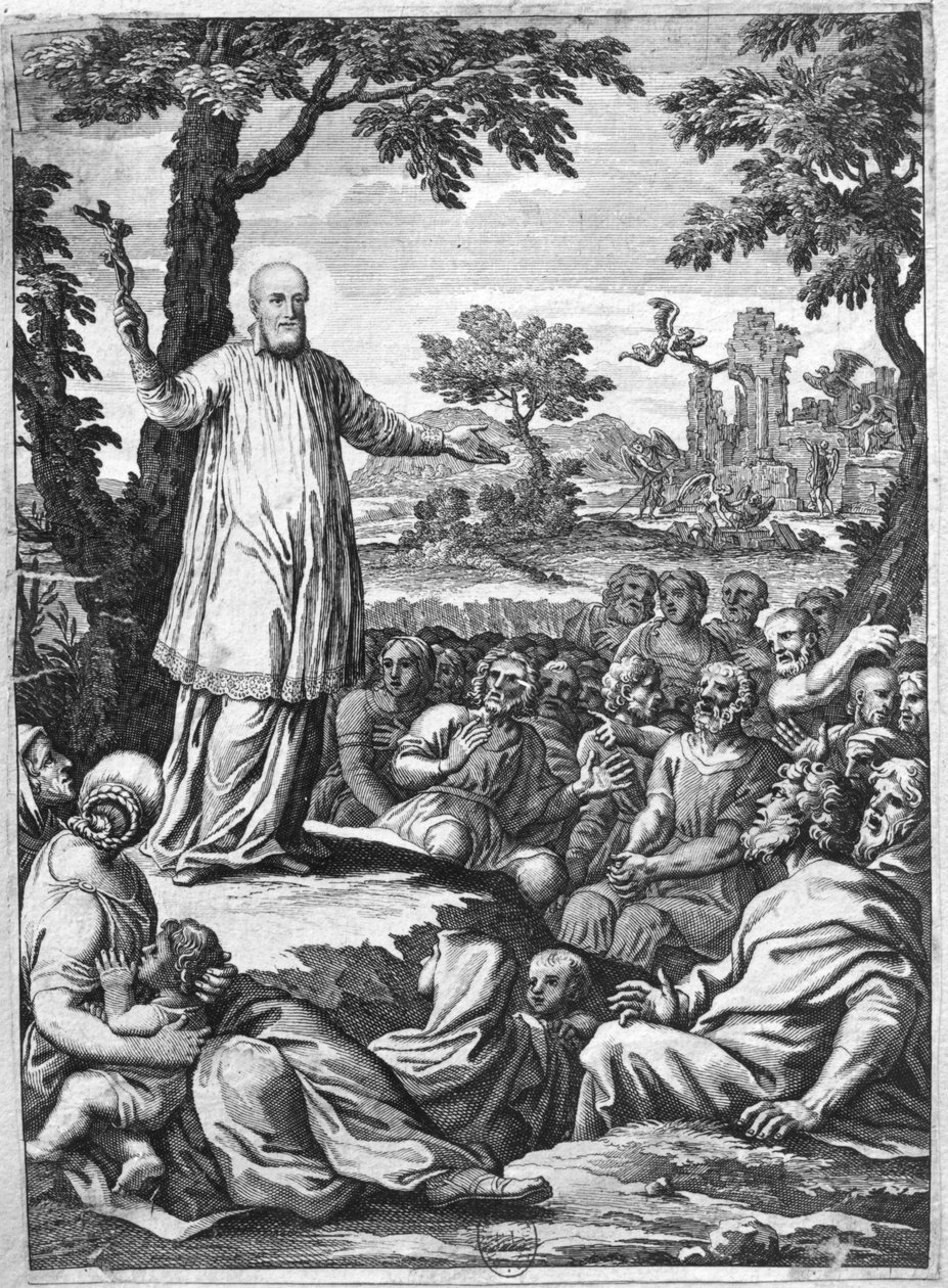 Sankt Frans af Sales (1567-1622) prædiker for kætterne i Chablais (gravering) (bw foto) af French School