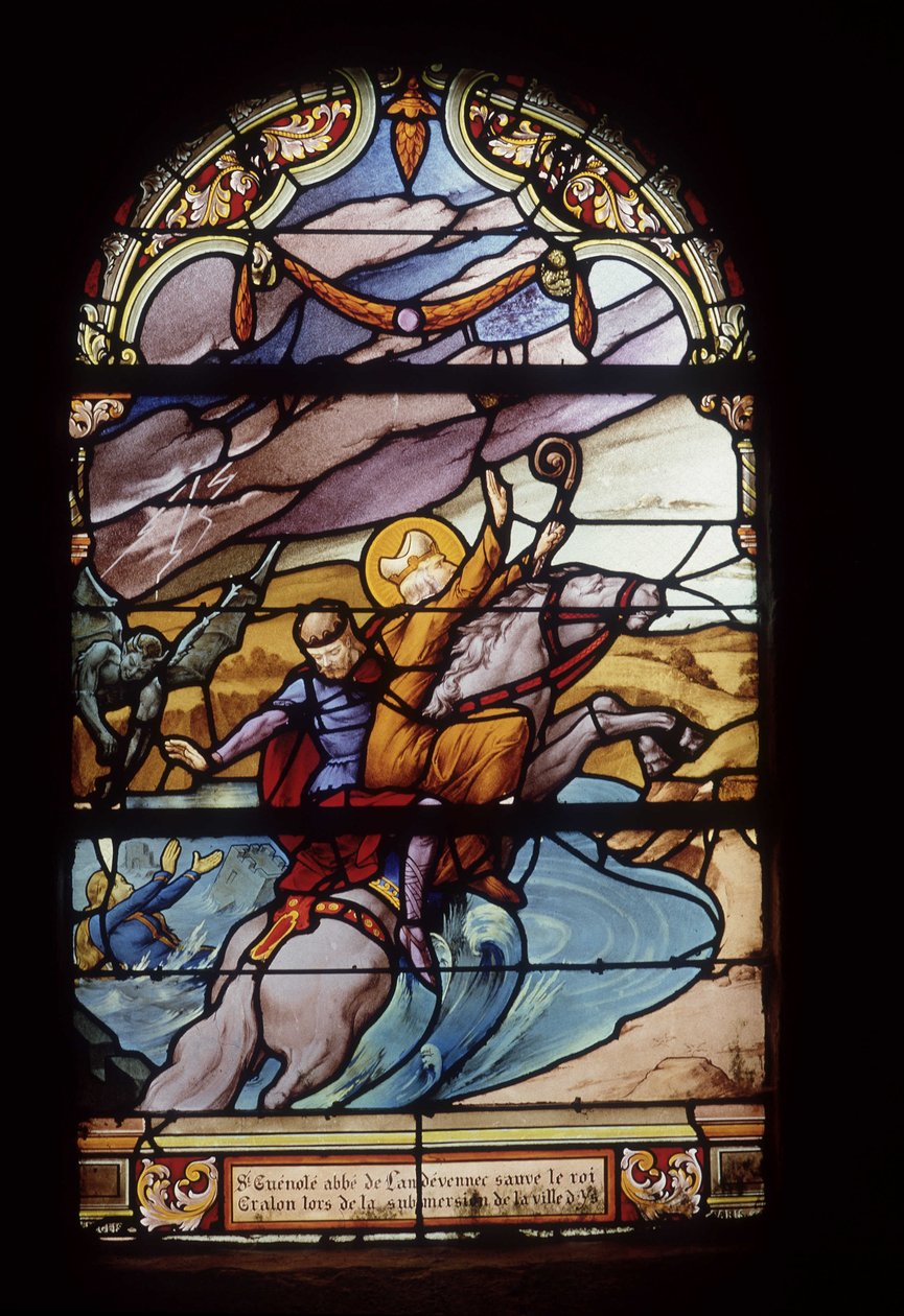 St. Guenolé, abbed af Landévennec, redder kong Gralon under oversvømmelsen af byen Ys - farvede ruder i St. Germain-kirken i Kerlaz af French School