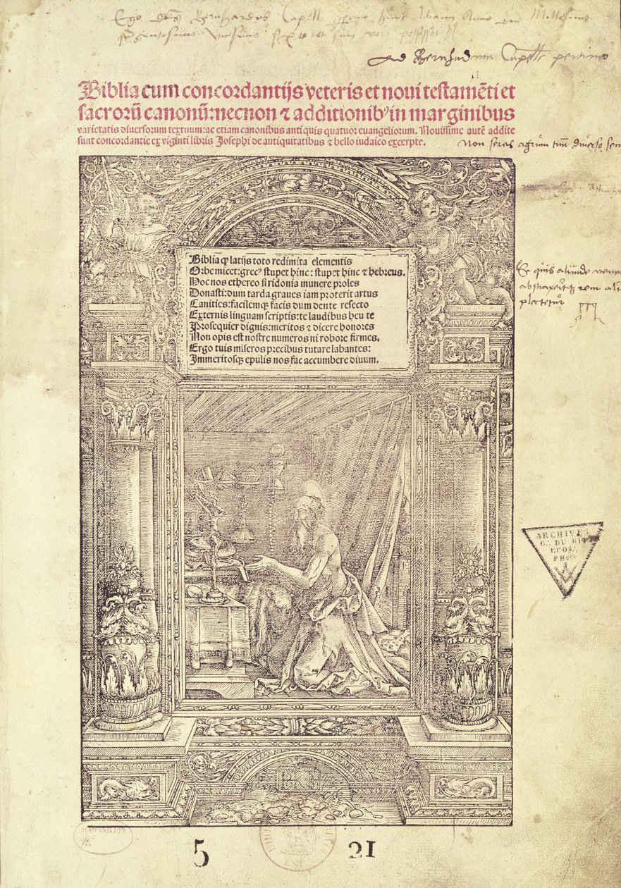 St. Hieronymus i hans Studiolo, titelblad til en bibel, trykt af J. Marion, Lyon, 1521 af French School