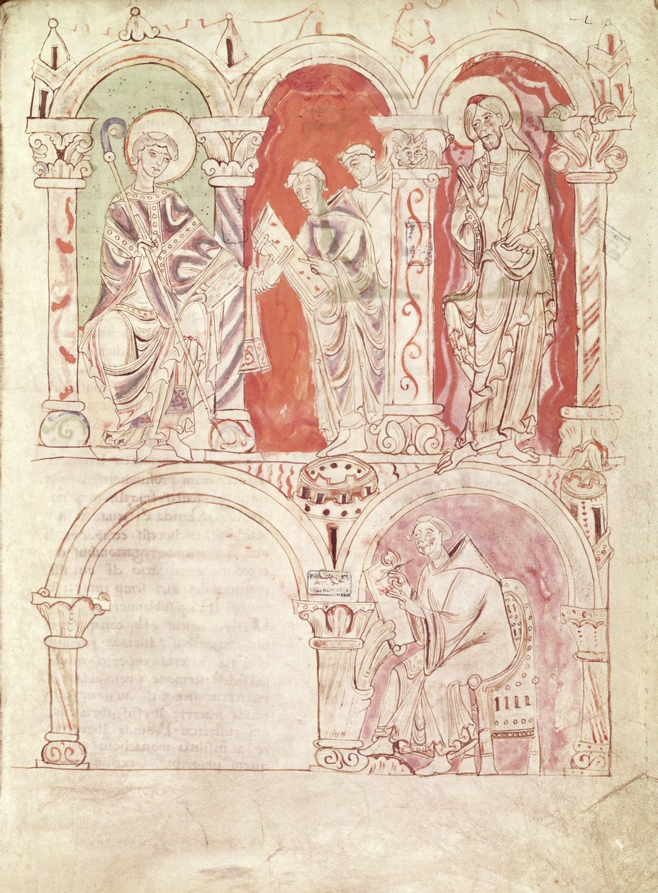 St. John Cassian (360-c.435) skriver og munke tilbyder bogen til protektor for klosteret, fra Collationes af Cassian, fra klosteret St. Amand af French School