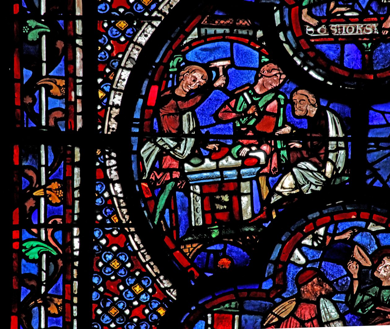 St John-vindue: to mænd bryder nogle ædelstene op (w48) af French School