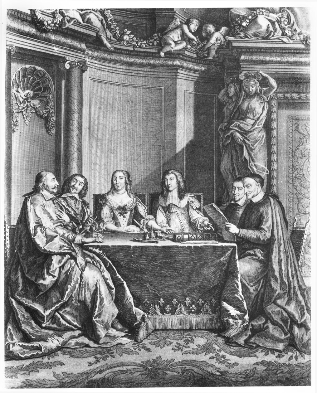 St. Vincent de Paul (1581-1660) og kardinal Jules Mazarin (1602-61) ved Conseil de Conscience af Ludvig XIV (1638-1715) graveret af Gerard Scotin (1643-1715) c.1660 af French School