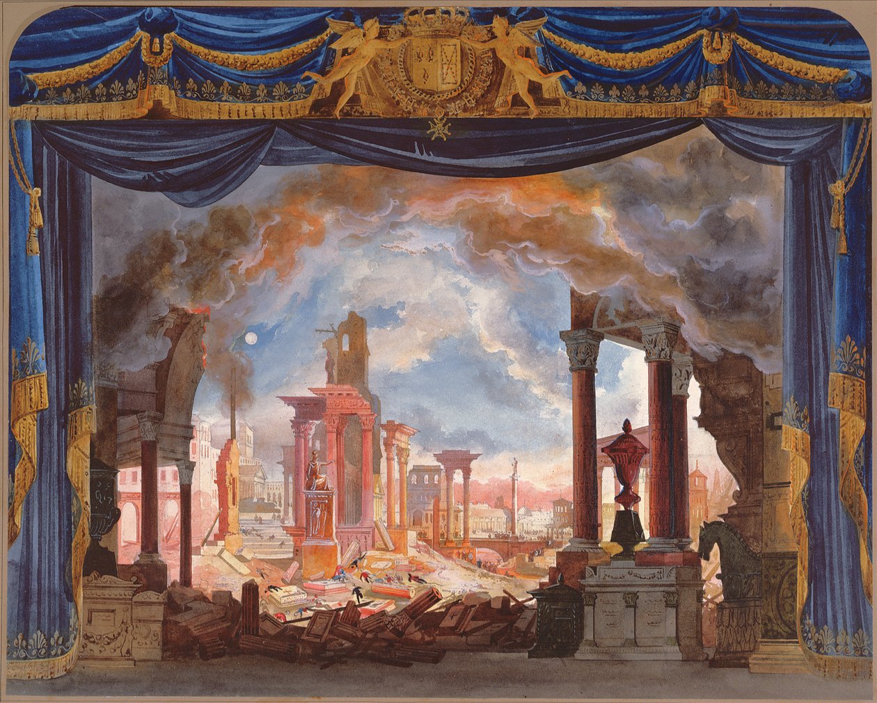 Scenedesign til akt III af Le Siege de Corinthe af Rossini (wc på papir) af French School