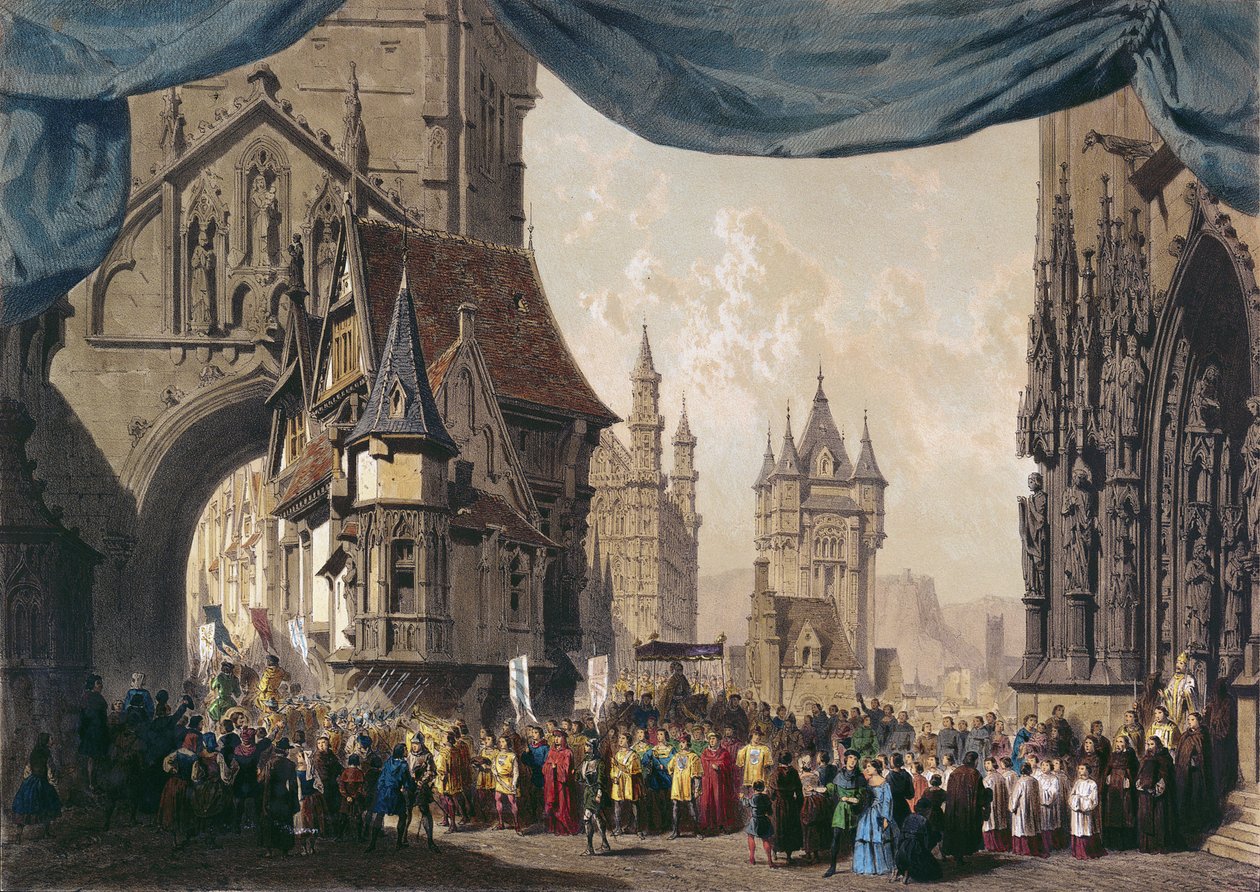 Scenedesign til 1. akt af La Juive, første gang opført i Paris Opera den 23. februar 1835 (wc på papir) af French School